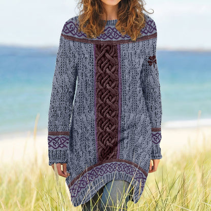 Women's Irish Celtic Knotted Shamrock Contrast Jacquard Sweater Dress artswardrobe