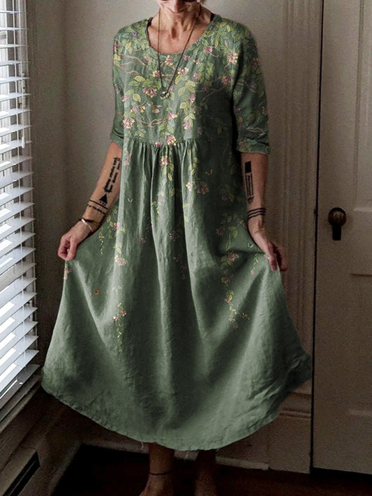 Women's Retro Gradient Flower Art Pattern Print Pocket Cotton Dress