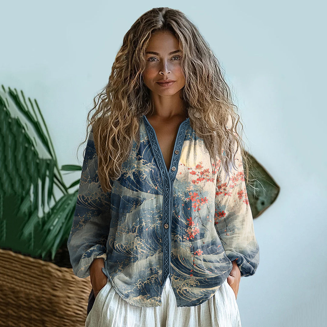 Bohemian Style Linen Blossom Waves Art Print Long Sleeve Shirt elevenforest