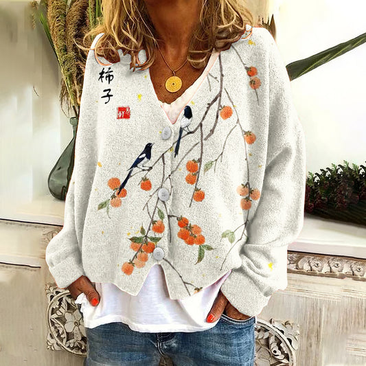 Vintage Persimmon Art Button Cozy Knit Cardigan elevenforest