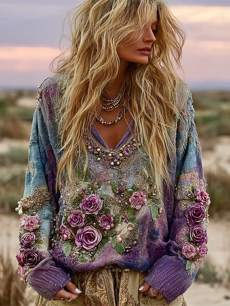 Vintage Boho 3d Floral Women's V-neck Sweater elevenforest
