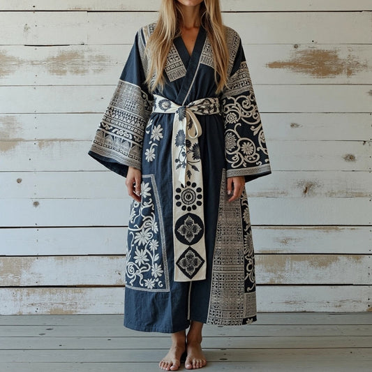 Women's Japanese Traditional Sashiko Art  Linen V-neck Robe elevenforest