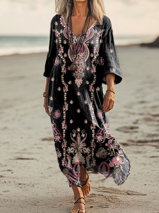 Women's Floral Art Print Pocket Cotton Dresses