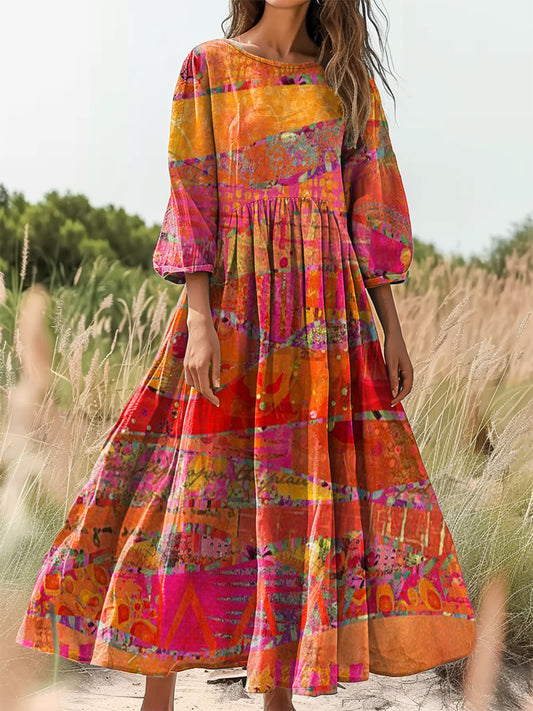 Women's Colorful Ethnic Art Print Flowy Cotton Crew Neck Dress