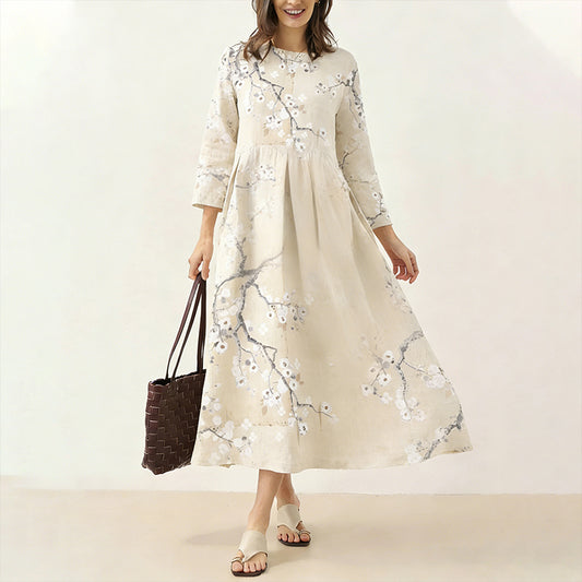 Japanese Retro Cherry Blossom Print Art Comfy Maxi Dress elevenforest