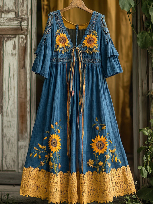 Boho Ethnic Sunflowers Embroidered Contrast Lace Hem Linen Dress elevenforest
