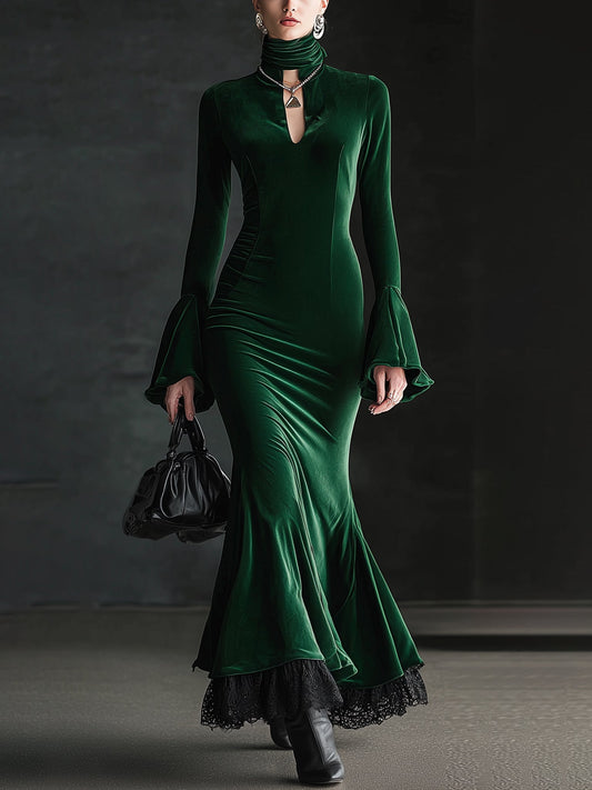 Emerald Velvet High Neck Flare Sleeve Maxi Dress