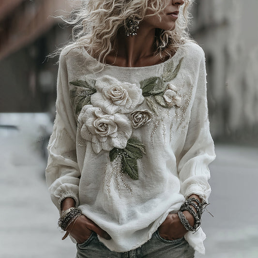 Women's Classic Romantic White Rose Embroidery Art Comfy Linen Long Sleeve Shirts elevenforest