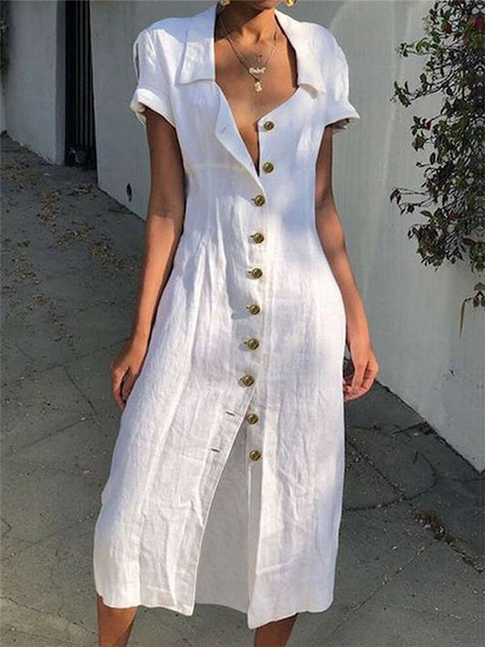 Women's Cotton Linen Single Breasted Dress