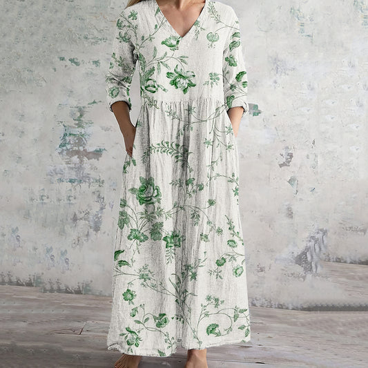 Vintage Flowers Pattern Women's Linen Dress elevenforest