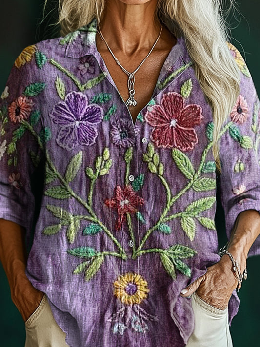 Women's Vintage Ethic Floral Art Print Casual Cotton Shirt