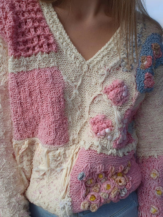 Comstylish Vintage Pink Crochet Patchwork V Neck Cozy Knit Sweater