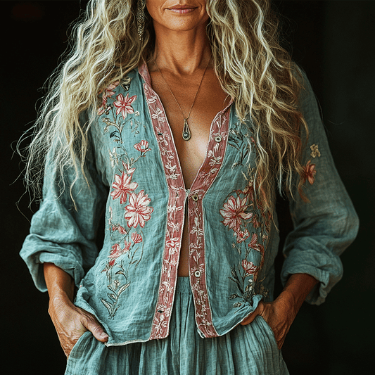 Bohemian Linen Floral Art Print  Long Sleeve Shirt elevenforest