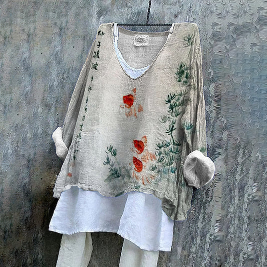 Women Bamboo And Goldfish Ink And Wash Printed V Neck Shirt elevenforest