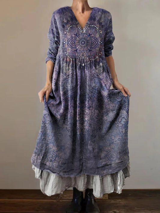 Women's Vintage Tattoo Pattern Art Print V-Neck Button Pocket Cotton D