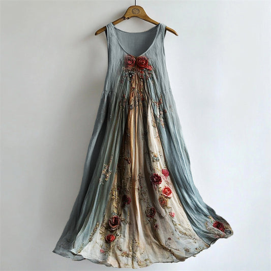 Vintage Roses Floral Flowy Linen Maxi Tank Dress elevenforest