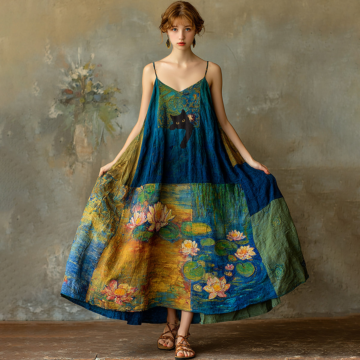 Women's Vintage Oil Painting Water Lily And Black Cat Art Print Suspender Midi Dress elevenforest