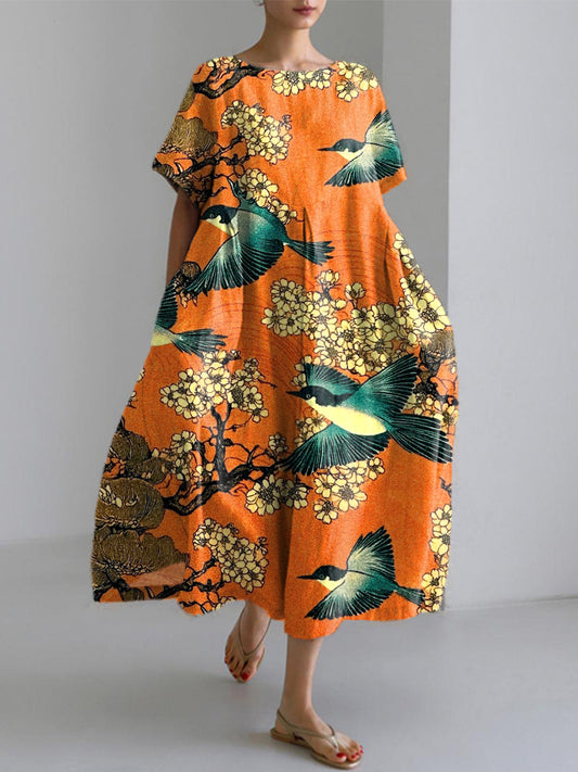 Women's Japanese Art Inspired Print Linen Blend Dress elevenforest