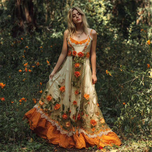 Fall Vinatge Floral Embroidery Women's V-neck Flowing Spaghetti Strap Maxi Dress