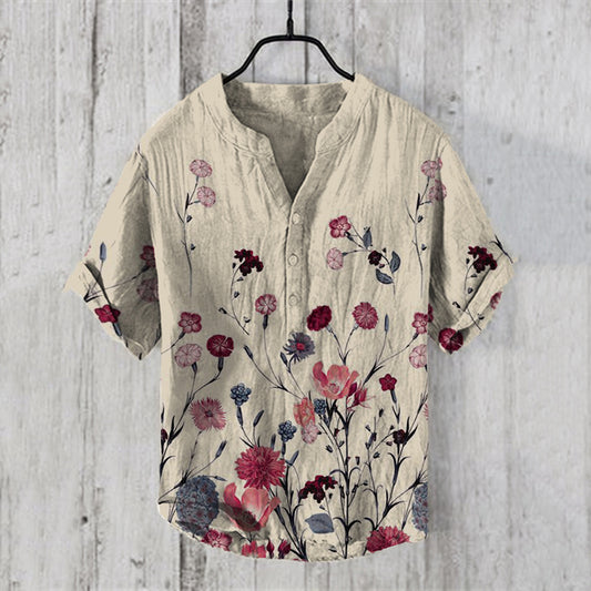 Men's Vintage Art Blossom V Neck Casual Linen Blend Shirt elevenforest
