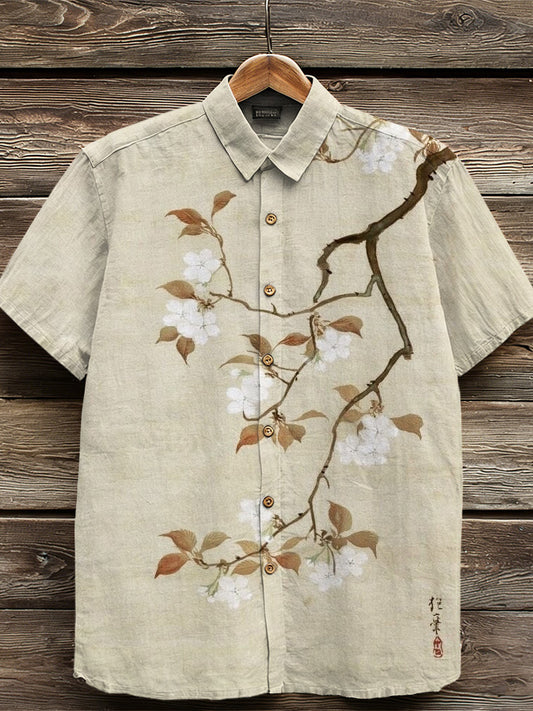 Retro Japanese Cherry Blossom Art Linen Shirt elevenforest