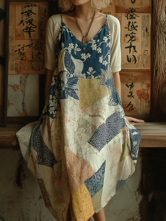 Japanese Art Retro Geometric Patchwork Plant Flower Print Women's Sleeveless Thin Shoulder Strap Dress elevenforest