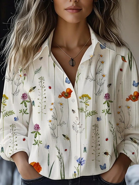 Women's Wildflower Art Print Casual Cotton Shirt