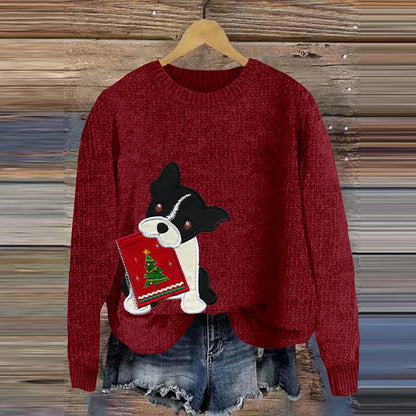 Comstylish Funny Christmas Tree Boston Terrier Applique Art Cozy Sweater