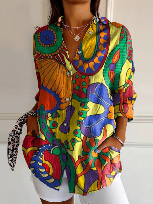 Women's Hippie Art Floral Print Long Sleeve Shirt