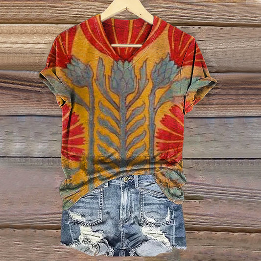 Women's Vintage Floral Art Print V-neck Casual T-Shirt