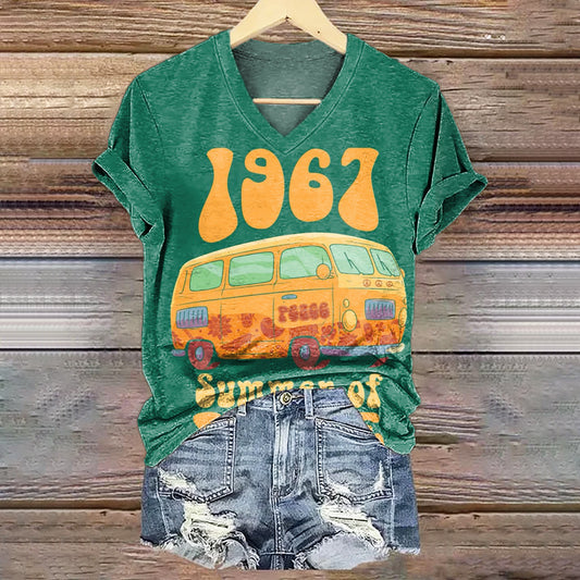 Women's Hippie Car Art Print V-Neck Casual T-Shirt
