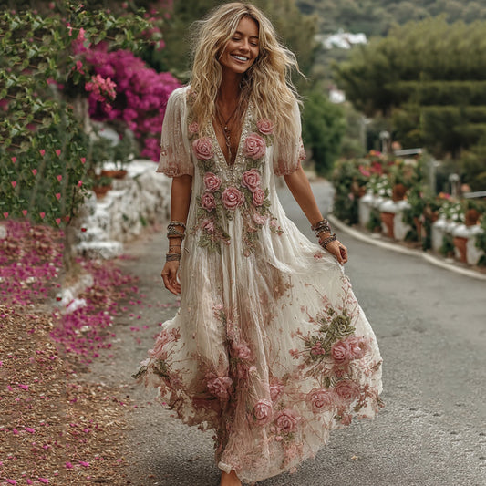 Women's Vintage Pink Rose Floral Embroidery Art Comfy Linen Maxi Dress elevenforest