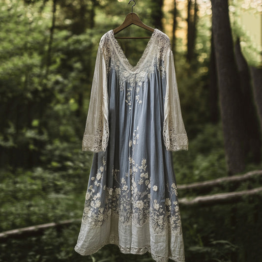 Vintage Floral Embroidered Pattern Linen Contrast Color Maxi Dress elevenforest