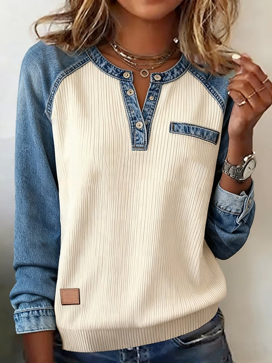 Women's Casual Henley Collar Contrast Panel Top 