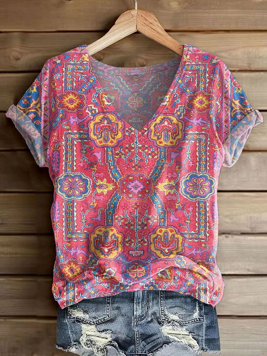 Women's Retro Ethnic Totem Art Print V-Neck Casual T-Shirt