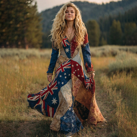 Women's Australian Flag Floral Patchwork Art Comfy Linen V-neck Dress elevenforest
