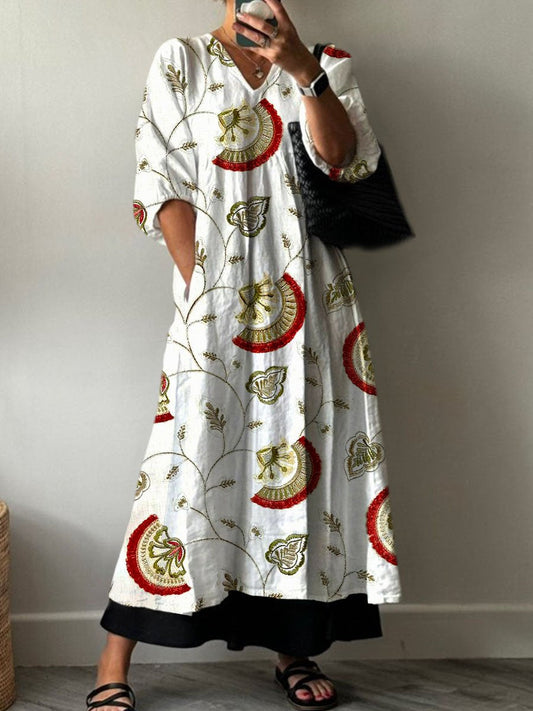 Women's Boho Vintage Floral Print Pocket V-neck Cotton Dress