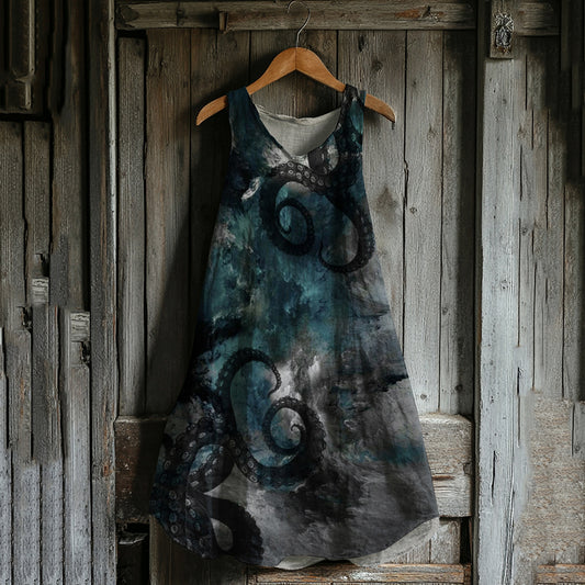 Japanese Octopus Gradient Art Linen Tank Dress elevenforest