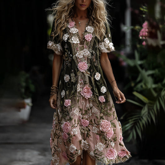 Women's Classic Romantic Pink Rose Embroidery Art Comfy Linen Midi Dress elevenforest