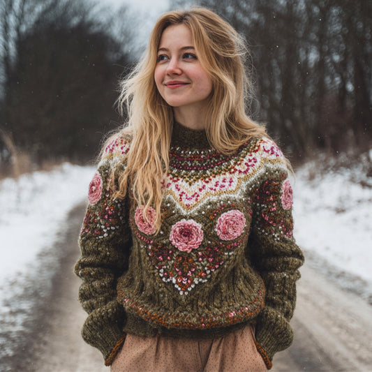 Vintage Floral Knit Embroidered Art Women's High-neck Icelandic Sweater