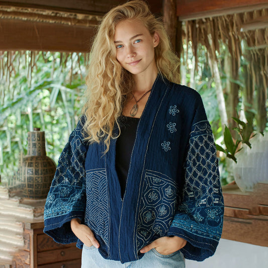 Classic Bohemian Japanese Traditional Sashiko Art Embroidery Print Cotton And Linen Blend Kimono Cardigan elevenforest