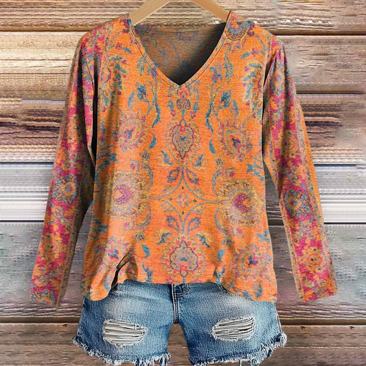 Women's Retro Ethnic Totem Art Print Casual V-neck Long Sleeve T-shirt