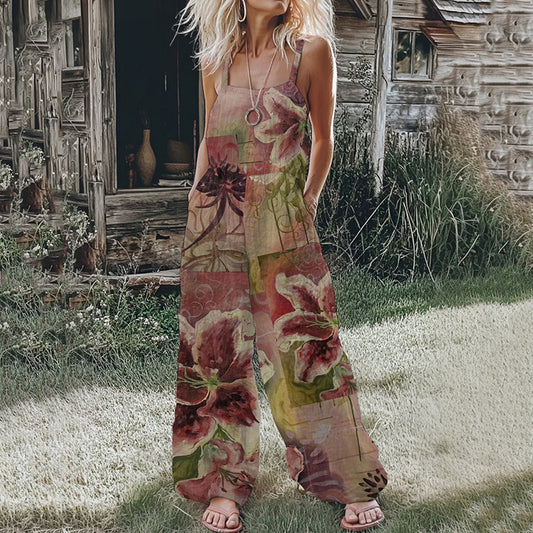 Women's Pink Floral Linen Print Cotton Linen Jumpsuit elevenforest