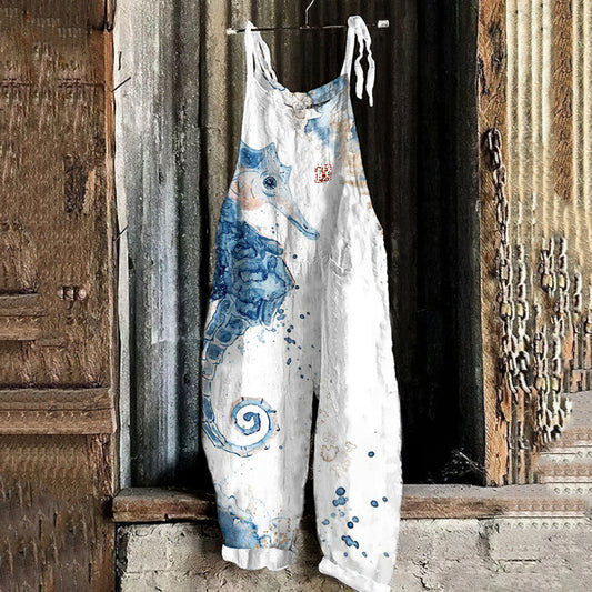 Vintage Seahorse Ink Art Loose Casual Jumpsuit elevenforest