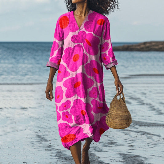Vibrant Pink Floral Pattern Printed Women's Dress elevenforest