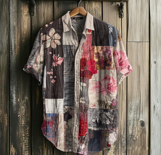 Men's Retro Floral Geometry Art Linen Casual Shirt elevenforest