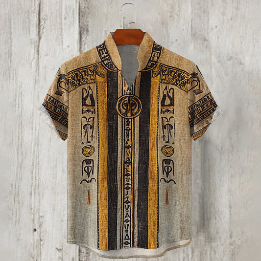 Ancient Egyptian Patchwork V-neck Linen Shirt elevenforest