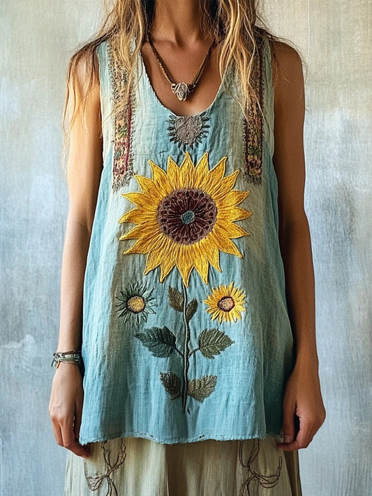 Vintage Boho Sunflower Embroidered Linen Tank Top elevenforest