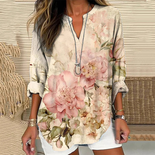 Women's Vintage Floral Art Linen Blend Shirt elevenforest
