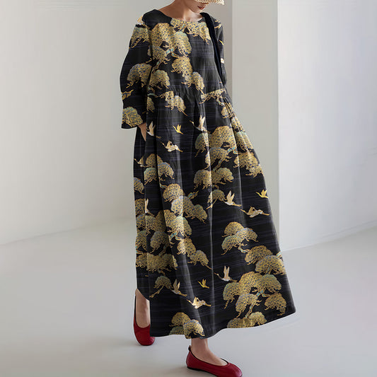 Japanese Art Crane Print Round Neck Loose Midi Dress elevenforest